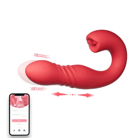 An innovative  Honey Play Box red Joi App Controlled Thrusting Vibrator With Tongue, featuring bluetooth connectivity and app control for customizable experiences.