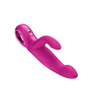 Pink silicone rabbit vibrator with a thrusting shaft, external stimulator, and control buttons.