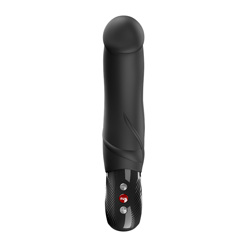Black silicone Mr. Boss G-spot vibrator with a curved, realistic shaft and red control buttons.