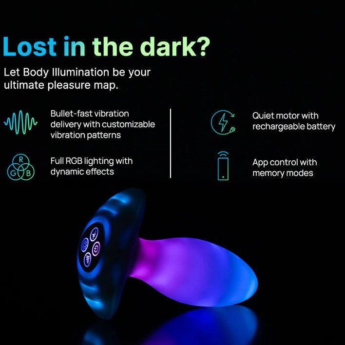 Sleek white butt plug with a flared base, glowing vibrant blue and purple LED light.