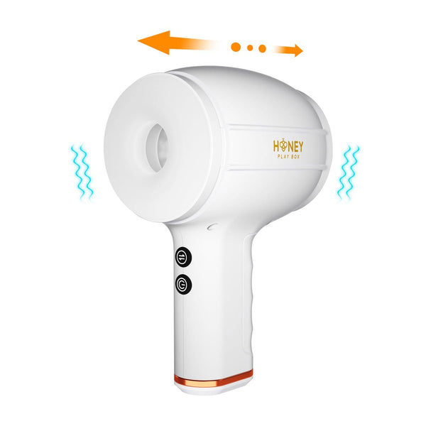 The Faye Open Ended Thrusting Vibrating Masturbator is a discreet white handheld device with buttons, an open end, and icons for vibration and movement, designed for use as a masturbator and personal massager.