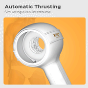 A close-up of a white Faye Open Ended Thrusting Vibrating Masturbator, with text above reading "Automatic Thrusting - Simulating a real intercourse" on an orange and gray background.