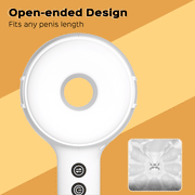 Close-up of the Faye Open Ended Thrusting Vibrating Masturbator, a white discreet device with a circular, open-ended design and control buttons to fit any penis length. Inset shows textured interior. Text: "Open-ended Design. Fits any penis length.