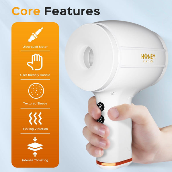 A hand holds the white Faye Open Ended Thrusting Vibrating Masturbator. Beside it, features are listed: ultra-quiet motor, ergonomic handle, textured sleeve, tickling vibration, and powerful thrusting—perfect for discreet pleasure.