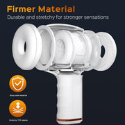 The Faye Open Ended Thrusting Vibrating Masturbator is a white handheld male stroker with circular textured rings, a grip handle, and firmer, body-safe material for intense sensations. Safety and stretchiness icons are highlighted.