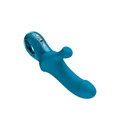 Teal silicone Bi Stronic Curve G-spot rabbit vibrator with thrusting motion and external stimulator.