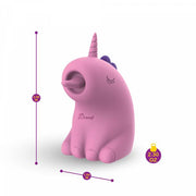 The Dreamy Licks – The Whimsical Unicorn Tongue Vibrator is a small, pink, unicorn-shaped vibe with a round mouth, closed eyes, purple mane, and made from body-safe silicone. It measures 3.08" tall, 1.64" wide, and weighs just 2.30 oz.