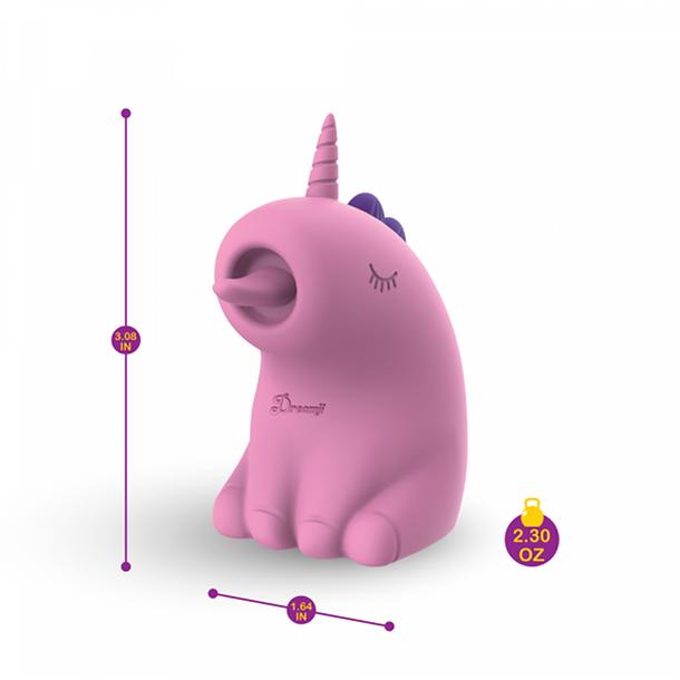 The Dreamy Licks – The Whimsical Unicorn Tongue Vibrator is a small, pink, unicorn-shaped vibe with a round mouth, closed eyes, purple mane, and made from body-safe silicone. It measures 3.08" tall, 1.64" wide, and weighs just 2.30 oz.