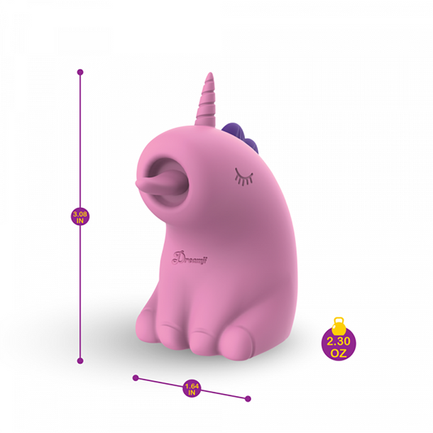 The Dreamy Licks – The Whimsical Unicorn Tongue Vibrator is a small, pink, unicorn-shaped vibe with a round mouth, closed eyes, purple mane, and made from body-safe silicone. It measures 3.08" tall, 1.64" wide, and weighs just 2.30 oz.