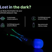 Illumination Wand LED vibrator with glowing blue head and green handle accents on a dark background.