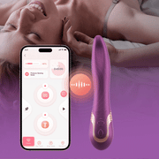 A woman smiles in bed next to a smartphone showing the Fling Powerful Licking Vibrator with App Control, highlighting its remote-controlled pleasure features.