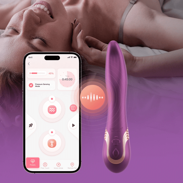 A woman smiles in bed next to a smartphone showing the Fling Powerful Licking Vibrator with App Control, highlighting its remote-controlled pleasure features.