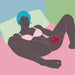 An illustration depicts a person with short blue hair wearing pink underwear, lying on their back on a bed with legs bent and open, using the Fun Factory Miss Bi Powerful Rabbit Vibrator - Black Line made of medical-grade silicone. The background features pastel colors including green, blue, and pink.