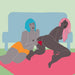 A stylized illustration of two individuals with dark gray skin tones. One has blue hair and wears orange shorts, sitting on a pink carpet next to a light blue couch. The other, sporting long pink hair, is positioned on all fours with an expression of curiosity, reminiscent of discovering the Fun Factory Miss Bi Powerful Rabbit Vibrator - Black Line by Fun Factory for g-spot stimulation.