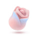 The Kissing Rose Vibrator with Tongue and Lips, in pink and light blue body-safe silicone, features a rose shape with petal-like edges and visible control buttons, shown against a white background.