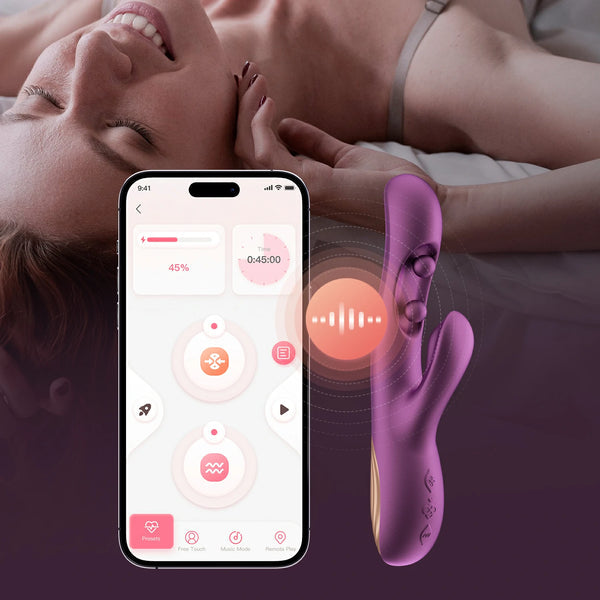 A smiling woman lies in bed. In the foreground, a smartphone displays an app next to the Gem Pressure Sensing App-Controlled Twin Balls Rabbit (Damaged Box), showcasing its soundwave icon and advanced pressure sensing features.