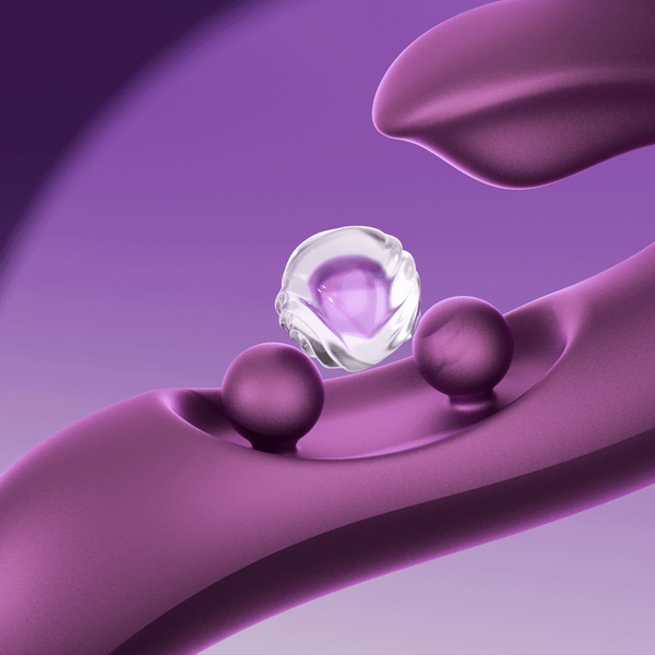 The Gem Pressure Sensing App-Controlled Twin Balls Rabbit (Damaged Box) is showcased in digital art with smooth, abstract purple shapes and spheres, a central transparent orb, and a gradient background reflecting dynamic twin ball movement.