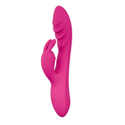Pink UltraSilk® silicone Wild Lust rabbit vibrator with ribbed shaft and flexible ears.