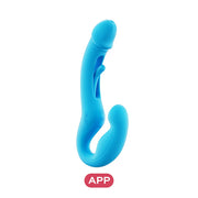 The Harmony App-Enabled Strapless Strap On is a blue, curved silicone vibrator with dual ends and a button interface, designed for partnered or solo G-spot stimulation. Shown on a white background with an "APP" label beneath it.