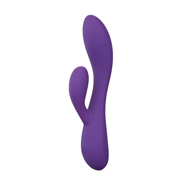 Purple UltraSilk satin-smooth silicone rabbit vibrator with a curved shaft and flexible teaser.