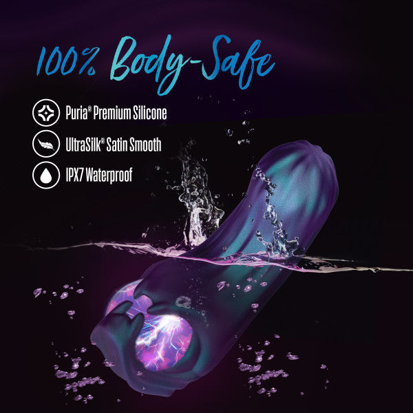Purple and teal dual-ended silicone vibrator with a glowing plasma globe, partially submerged in water.