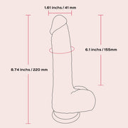 Line drawing of the Noctura Thrusting Silicone Dildo with App Control, displaying annotated measurements: length 8.74 inches (220 mm), circumference 6.1 inches (155 mm), and width 1.61 inches (41 mm).