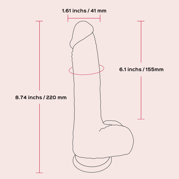 Line drawing of the Noctura Thrusting Silicone Dildo with App Control, displaying annotated measurements: length 8.74 inches (220 mm), circumference 6.1 inches (155 mm), and width 1.61 inches (41 mm).