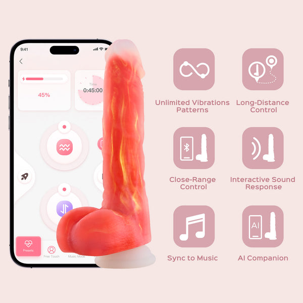 The Noctura Thrusting Silicone Dildo with App Control is displayed before a smartphone showing its app. Feature icons highlight unlimited vibration, long- and short-range control, sound response, music sync, and an AI companion.