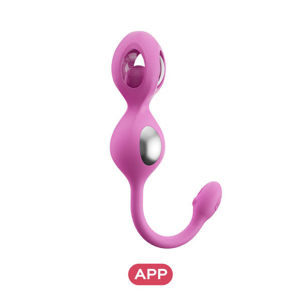 The Elektra App-Controlled E-Stim Kegel Training Set for Pelvic Floor is a pink, curved silicone wearable with a metallic accent and flexible design, shown on a white background with an "APP" label indicating app compatibility.