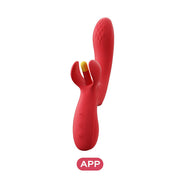 The Fortexa Kinky Finger Rabbit Vibrator with App Control is a red silicone dual-pronged vibrator featuring textured details, control buttons on the handle, and app connectivity for enhanced clitoral stimulation.