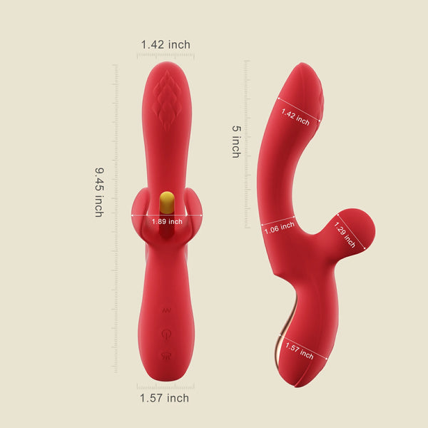 The Fortexa Kinky Finger Rabbit Vibrator with App Control, made of red silicone, features three arms for G-spot and clitoral stimulation. Shown from the front and side on a light beige background, each arm's length is labeled in inches for accuracy.