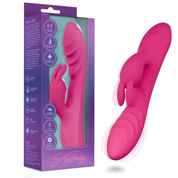 Blush pink UltraSilk silicone rabbit vibrator with textured shaft and flexible ears, shown with its packaging.