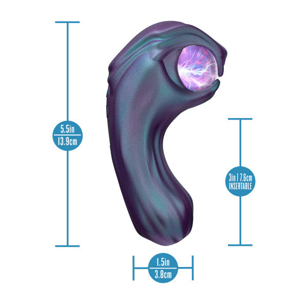 Iridescent purple-blue silicone vibrator with a glowing plasma globe and size measurements.