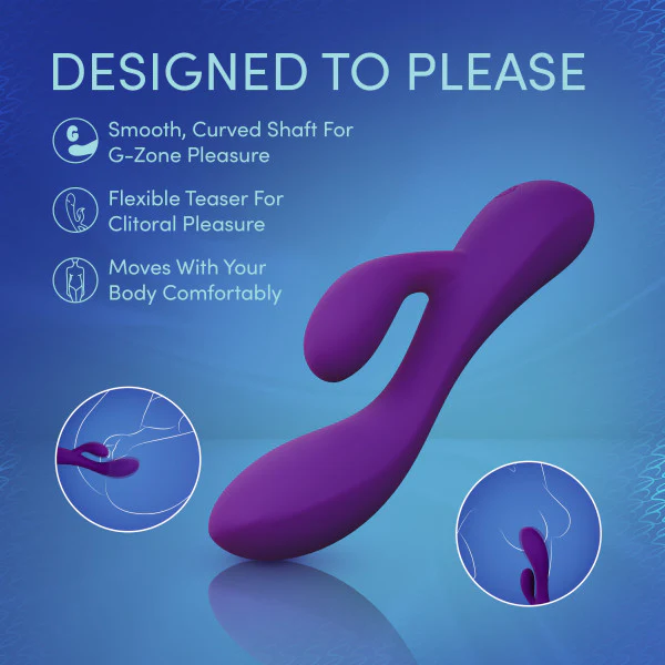 Purple UltraSilk satin-smooth silicone rabbit vibrator with a curved shaft and flexible teaser.
