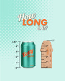 Graphic showing a can of "Betty soda" and a CalExotics Wave Rider Foam Short, Girthy 4.75 Inch Liquid Silicone Dildo, comparing their heights with measurements indicated. The background is a textured green with white dots and the text "how long