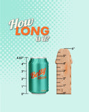 A graphic comparing the height of a teal 'betty soda' can with a wooden ruler, both shown against a dotted teal background with text reading "how long is it?", alongside an image of a CalExotics Glow Stick Heart Silicone First Time Glow in the Dark Dildo.