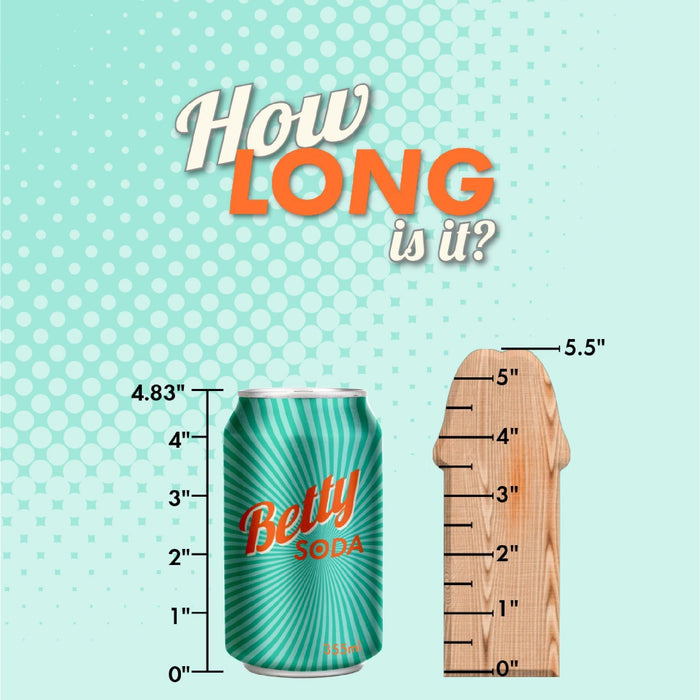 A soda can sits next to a Morning Dew Small 5 Inch Dildo with Suction Cup – Blue, both showing inch measurements. The text above reads, "How long is it?" on a turquoise dotted background.