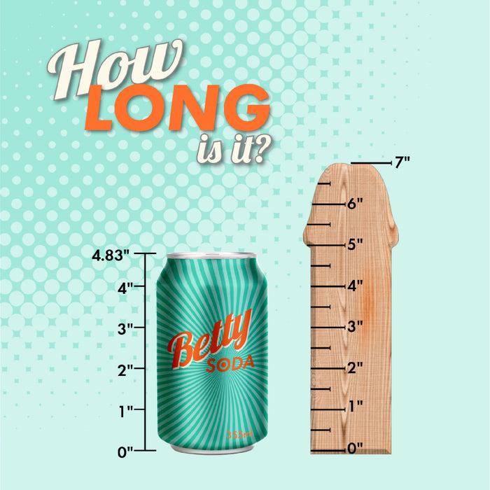A teal "Betty Soda" can (4.83 in tall) stands next to the Glow Blue LED 7 Inch Light Up Silicone Dildo, with a ruler showing its 7-inch length. Text asks, “How long is it?”.