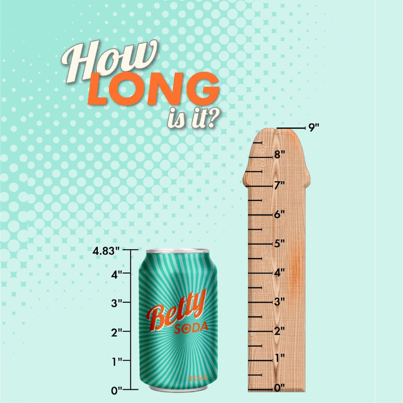 A can of Betty Soda (4.83" tall) sits next to a penis-shaped wooden ruler up to 9", highlighting just how LONG the Mythical Long Thick Vibrating Fantasy Dildo in Pastel Ombre could be. Above, "How LONG is it?" appears on a blue dotted background.