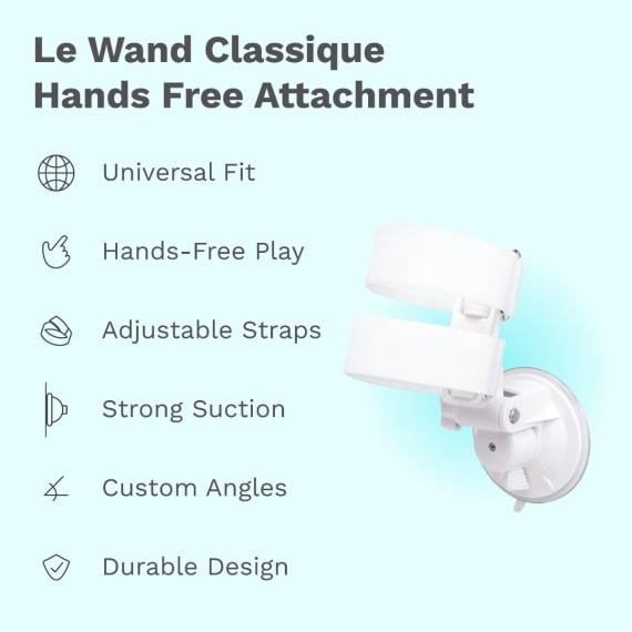 The Le Wand Adjustable Hands-Free Vibrator Mount with Suction Cup features universal fit, hands-free play, adjustable straps, strong suction, custom angles, and a durable design for versatile pleasure.