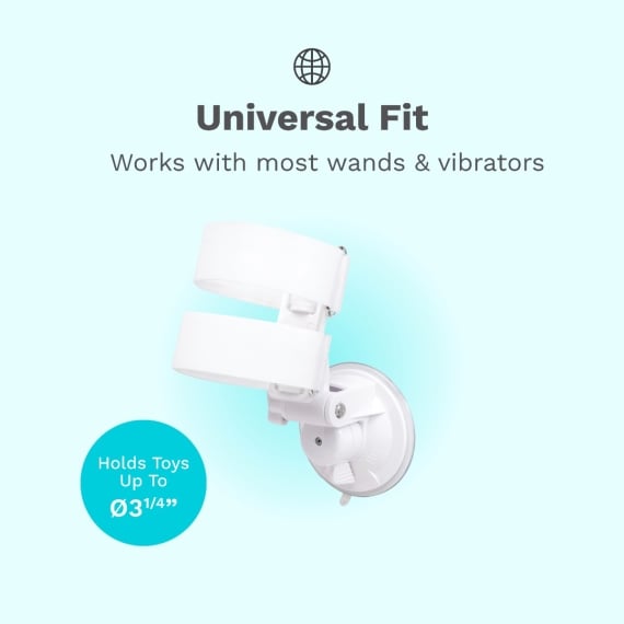 The Le Wand Adjustable Hands-Free Vibrator Mount with Suction Cup, shown against a light blue background, offers a universal fit for most wands and vibrators, securely holding toys up to Ø3 1/4”.