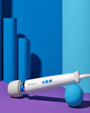 Magic Wand Plus 4 Speed Ultra Powerful Plug In Vibrator on blue and purple background 