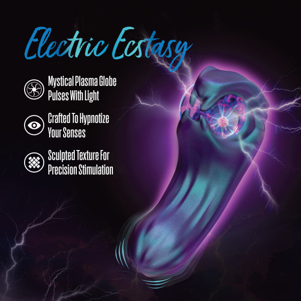 Purple and teal dual-ended vibrator with a glowing plasma globe, surrounded by electric lightning.