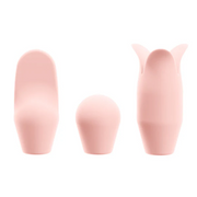 Three pink satin-smooth silicone Juno vibrator attachment heads: flat, rounded, and petal-shaped.