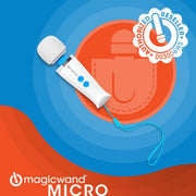 A white Magic Wand Micro Rechargeable Cordless Vibrator with blue buttons and a wrist strap is shown on a blue and orange background, featuring an “Authorized Reseller” badge and the Magic Wand Micro logo.