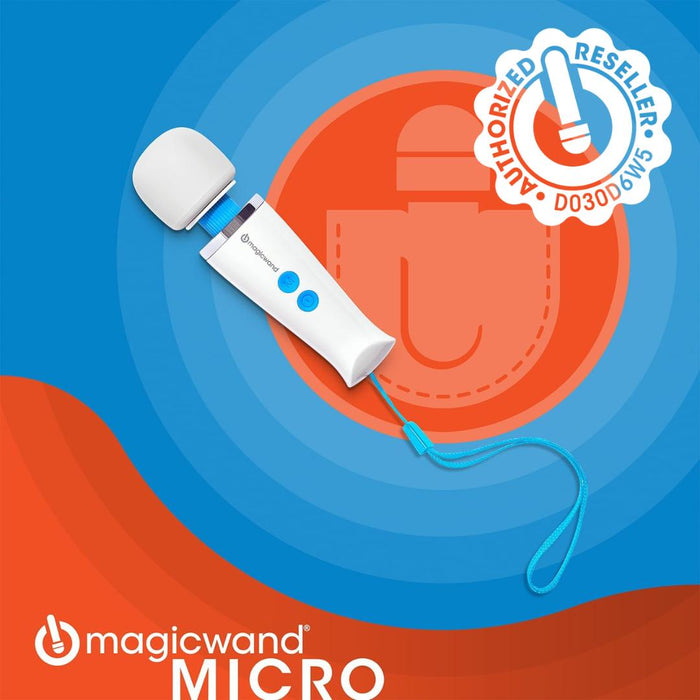 A white Magic Wand Micro Rechargeable Cordless Vibrator with blue buttons and a wrist strap is shown on a blue and orange background, featuring an “Authorized Reseller” badge and the Magic Wand Micro logo.