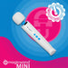 A white Magic Wand MINI - Cordless Rechargeable Vibrator with blue buttons is shown on a pink and blue background. The image features an "Authorized Reseller" badge and the Magic Wand Mini logo.