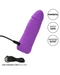 A purple, phallic-shaped vibrator with a USB charging cord connected to it is made from premium silicone. Three labels next to the Vibrating Stud Mini Cock Shaped Bullet Vibrator - Purple by CalExotics indicate it has "Powerful Speeds of Vibration," is "Body Safe," and "Whisper Quiet." A USB charging cord is shown in the bottom left corner of the image.