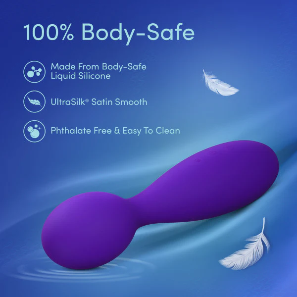 Purple UltraSilk® satin-smooth silicone vibrator with a flexible neck and broad head, shown with body-safe features.