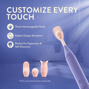 Purple Juno oscillating vibrator with a precision tip and three interchangeable peach-colored silicone attachment heads.